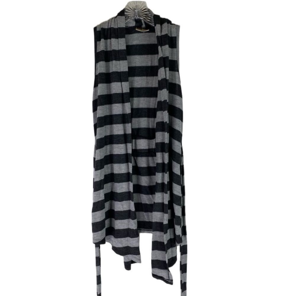 Pretty Good Vest Women's M Gray Stripes Tie Sleeveless Y2K Vintage Open Front